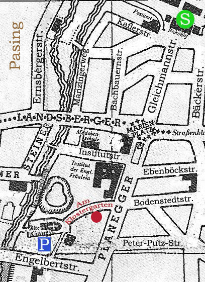 Stadtplan München-Pasing mit Lage der Praxis am Klostergarten